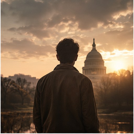 Modern figure facing the Capitol at sunset